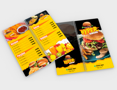 Cardápio Espiral com 6 Páginas em PVC 0,5mm Fosco Frente e Verso 13,7x29,4cm - 4x4 - 25 unid