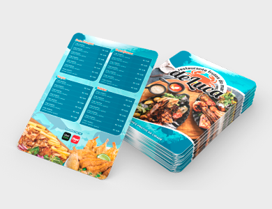 Cardápio em PVC 0,76mm Fosco Frente e Verso 21,5x29cm 1 Folha (2 páginas) - 4x0 - 25 unid